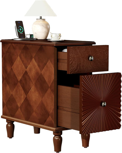 KEIKI Narrow End Table with USB Ports & Outlet, Wooden 2 Drawer Sofa Side Table, Small Corner Nightstand Bedside Tables, Coffee Drink Table for Living Room & Bedroom, Easy Assembly, Brown