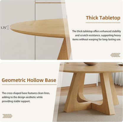 55.25" Round Dining Table for 4-6 People, Farmhouse Circle Kitchen Table with Geometric Base, Wooden Dinner Table for Dining Room Kitchen Living Room, Natural Oak