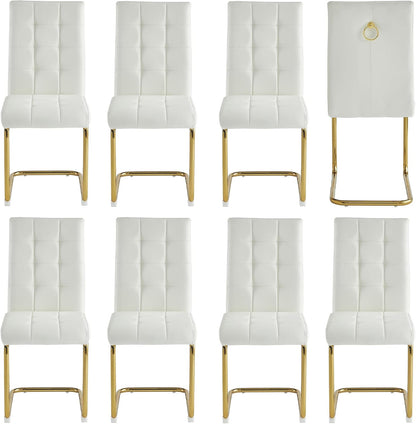 Modern Dining Chairs Set of 8, White PU Leather Chairs with Pull Ring Backrest and Gold Stainless Steel Legs, Easy-to-Assemble Kitchen Chairs for Dining Room, Living Room, or Bedroom