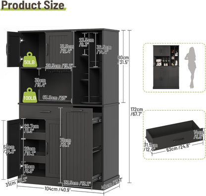 Pantry Cabinet, 67.7" Tall Kitchen Pantry Storage Cabinet with 360° Rotating Shelf & 2 Pull-Out Racks, Freestanding Kitchen Hutch with Charging Station & Drawer, for Dining Room, Black
