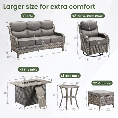 Luxury Patio Furniture Set with 6-inch Thick Cushion, Outdoor Furniture with Fire Pit Table, Swivel Chairs, Sofa, Side Table, Ottomans, 7pcs Wicker Conversation Set (Grey Wicker/Grey Cushion)