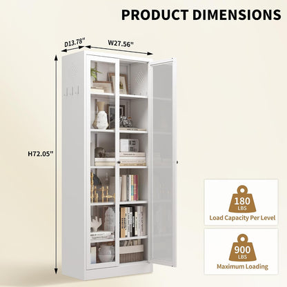 Kitchen Pantry Cabinet, 72" H Storage Cabinet with Glass Doors and Adjustable Shelves, Spacious Cupboard with Round Handles, Metal Kitchen Cabinet for Dining Room, Living Room, White