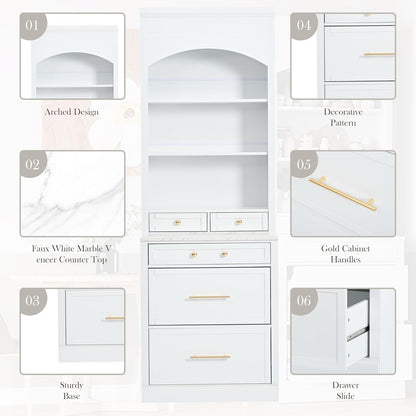 Mirightone 83.7Inch Tall Kitchen Pantry Cabinet, Corner Cabinet with 5 Storage Drawers and Adjustable Shelf, Freestanding Kitchen Pantry with Faux Marble Top. White
