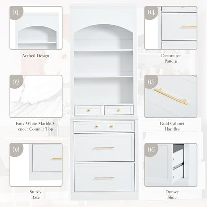 LUMISOL 83.7” Kitchen Pantry, Freestanding Tall Kitchen Hutch with Faux Marble Top, Display Cupboard Cabinet with 5 Storage Drawers and Adjustable Shelf, Storage Cabinet for Kitchen Dining Room, White