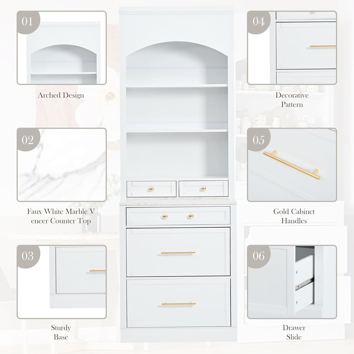 83.7" Tall Kitchen Pantry Cabinet, Freestanding Kitchen Hutch with Faux Marble Top, Pantry Storage Cabinet with 5 Drawers & Adjustable Shelf, Modern Farmhouse Cupboard for Dining Room, White