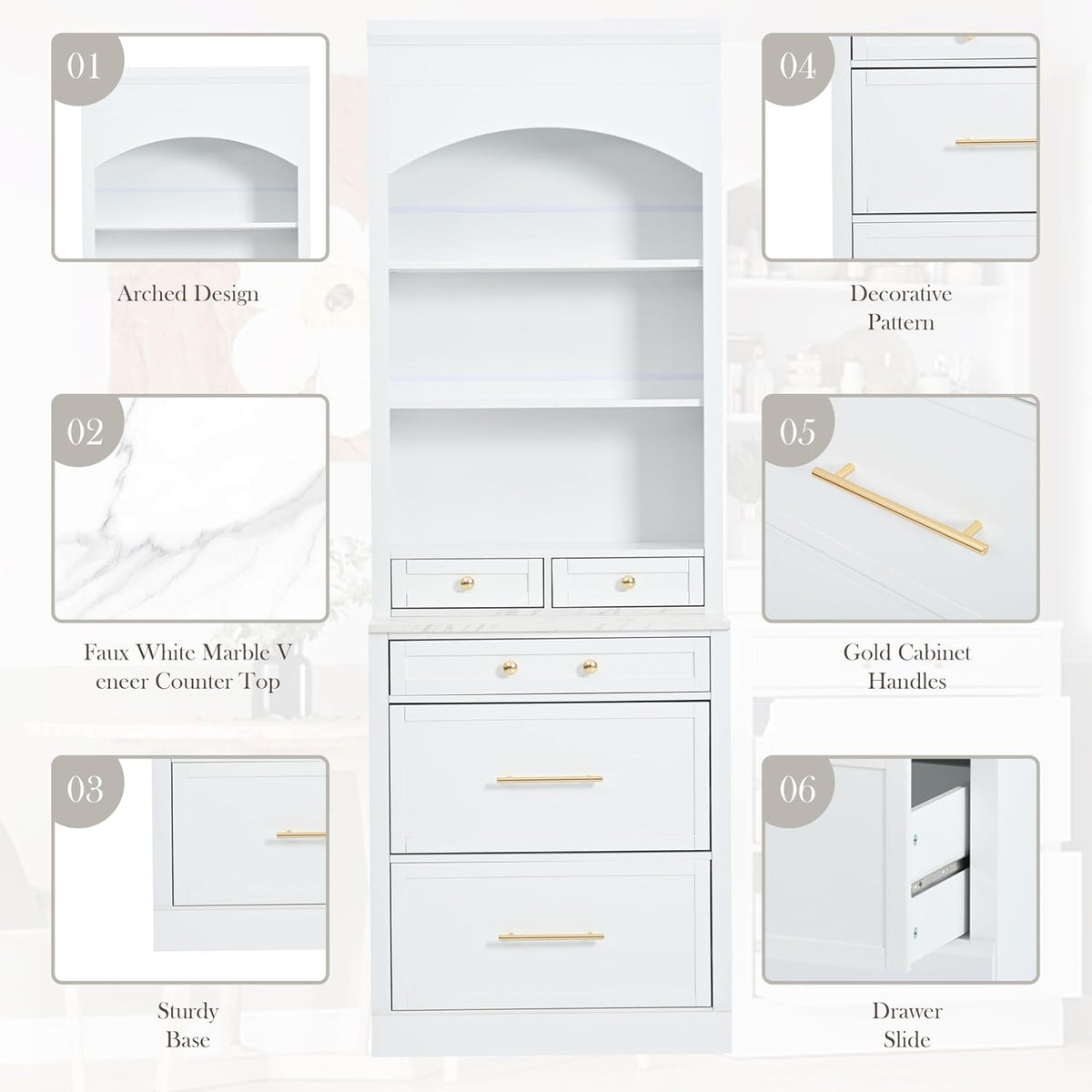 83.7" Tall Kitchen Pantry, Modern Storage Cabinet with 5 Drawers 1 Adjustable Shelf, Freestanding Kitchen Hutch with Faux Marble Top (White,1)