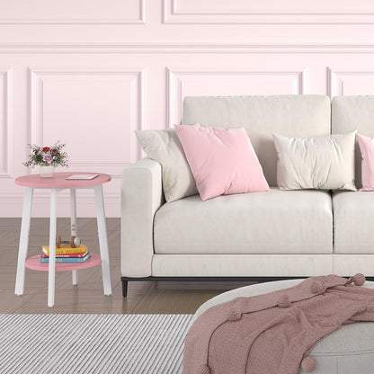 sthmec Side Table, Small Round End Table with Storage Shelf for Small Space, 2-Tier Bedside Table Sofa Couch Table, Round Accent Table Nighstands for Living Room, Bedroom, Pink