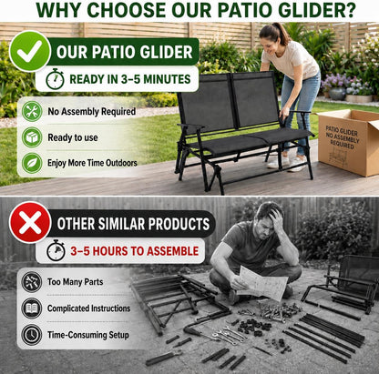 Zedachica 2-Person Outdoor Glider Bench No Assembly Required, Glider Loveseat for Outside Patio with Smooth Rocking, Patio Glider with Steel Frame for Porch Deck Backyard Garden (Loveseat, Darkgrey)