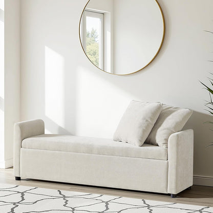 59.5" Modern Storage Ottoman Bedroom Bench, End of Bed Bench with Arms and Throw Pillows, Footrest Stool for Living Room, Dining Room, Entryway and Hallway, Linen