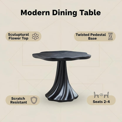 37" Round Modern Dining Table – Flower Shape Top, Twisted Pedestal Base, Black, Table Only for 2-4 People