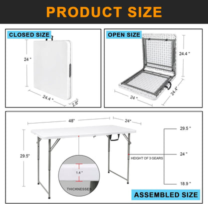2-PCS 48" W x 24" D x 29.5" H - 4FT White Folding Table Heavy Duty Portable, Plastic Folding Utility Folding Table for Camping, Picnics & Parties
