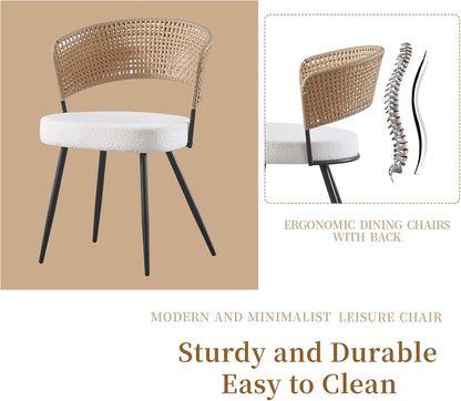 Rattan Dining Chairs Set of 4, Wing Back Dining Chairs Set of 4, PE Wicker Chairs, Cane Back Kitchen Chair with Boucle Cushion,Boucle Seat with Metal Legs for Kitchen, Bedroom