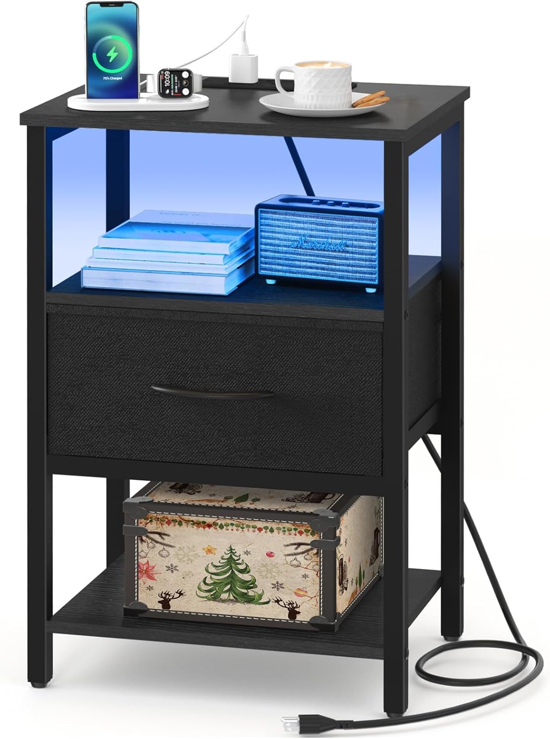 Yoobure Side Table with Storage, LED Night Stand with Charging Station, End Tables Living Room, Nightstand for Bedroom with Adjustable Fabric Drawer, 3-Tier Wood Bedside Table, Black