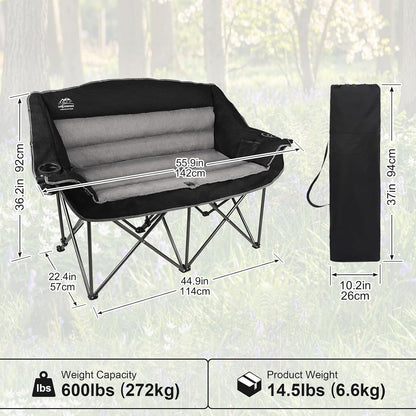 Fully Padded Folding Double Camping Chairs,Comfy Oversized Loveseat Lawn Chair w/Wine Glass Holder,Cup Holder,Heavy Duty Outdoor Portable Camp Couch Support 600 Lbs,Black