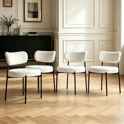 Boucle Dining Chair Set of 2, Mid Century Modern Upholstered Kitchen Chairs with Curved Backrest & Black Metal Legs, Round Dining Room Chairs, White