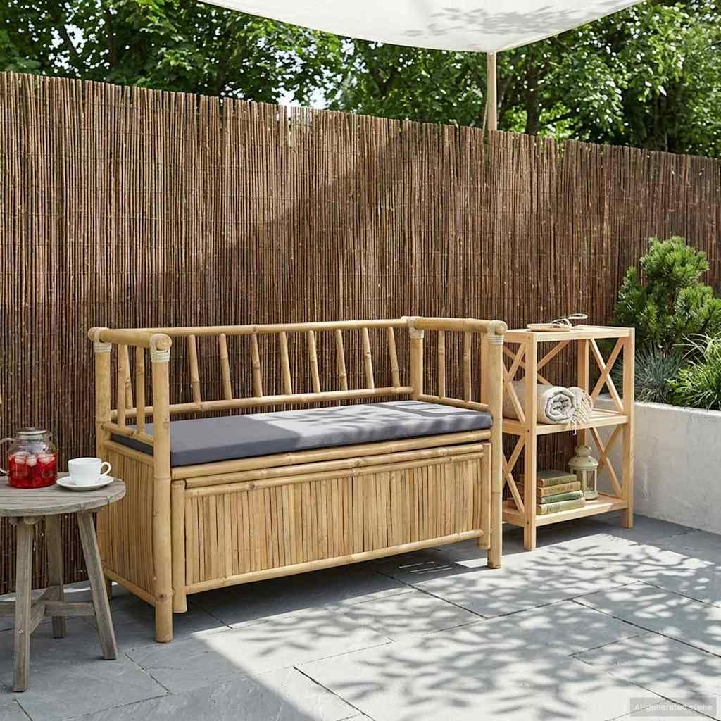 Natural Bamboo Garden Storage Bench 110x47x80 cm, Outdoor Patio Seat with Hidden Storage Compartment, Post Leg Design for Modern or Rustic Decor, Easy Assembly Required