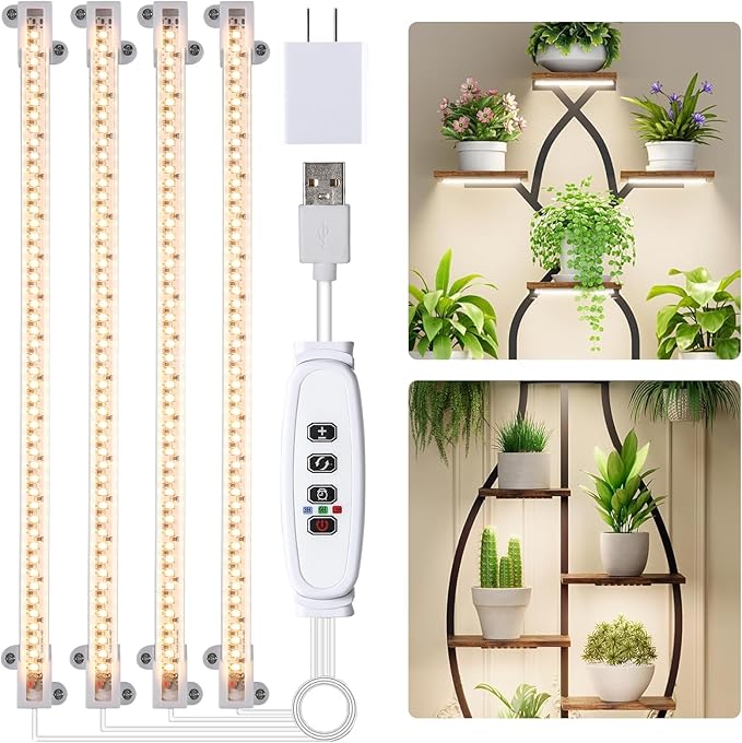 LED Grow Light Strips for Indoor Plants Full Spectrum 3500K, 192 LEDs Plant Light Bar with 3/9/12H Timer, 10 Dimmable Levels for Seedling Succulent, 13 Inches, 4 Head