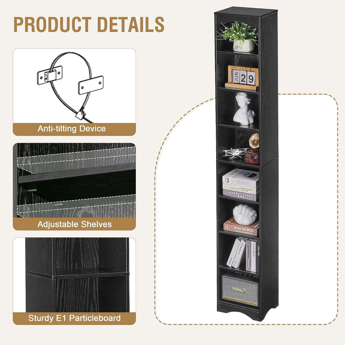 VECELO Curved Top Narrow Tall Bookshelf, 6 Adjustable Movable Shelves, Wood Space Saving Corner Storage Organizer, Sleek Black