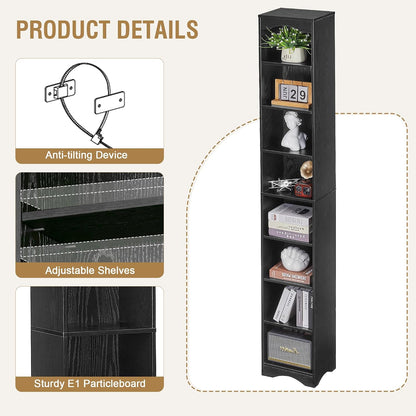 VECELO Curved Top Narrow Tall Bookshelf, 6 Adjustable Movable Shelves, Wood Space Saving Corner Storage Organizer, Sleek Black