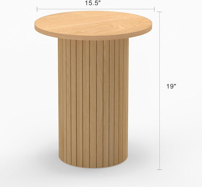 Small Round Side Table, Fluted Drum Pedestal End Table, Wood Plant Stand for Small Spaces, Modern Home, Bedroom, and Living Room Desk Furniture, Nature