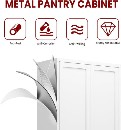 AQY Kitchen Pantry Cabinet,72" White Pantry Storage Cabinet with 5 Tier Adjustable Shelves and 2 Doors,Freestanding Cupboard,Metal Pantry Cabinets with Handle for Living Room Kitchen Assembly Required