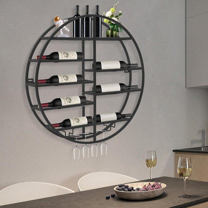 Round Wall Mounted Wine Rack with Wine Glass Shelf Goblet Holder- 23.6 Inch Floating Display Shelves Storage Organizer for 7 Bottles & 4 Glasses, for Home Bar, Kitchen, Dining Room