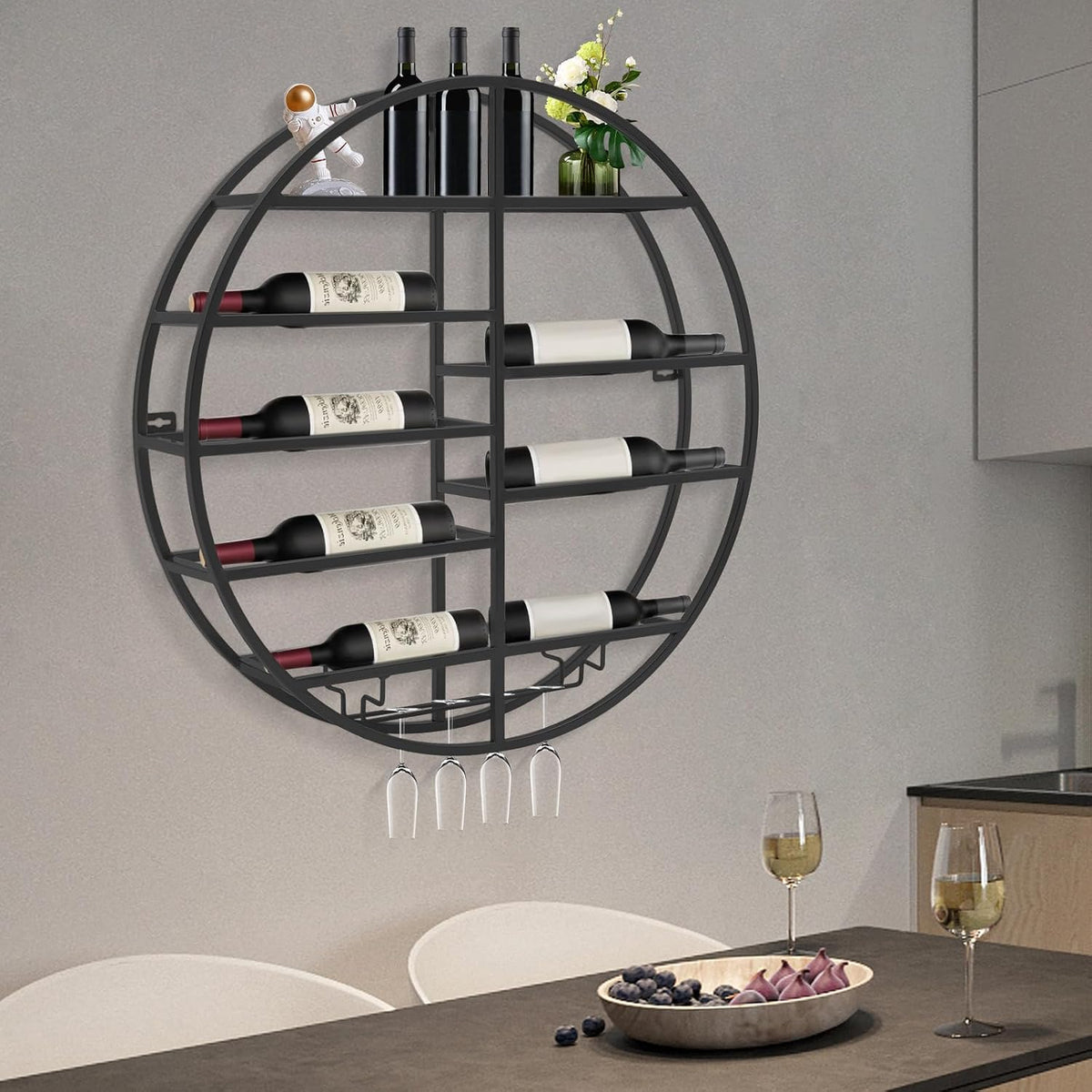23.6 Inch Wall Mounted Wine Rack w/Glass Holder, Round Iron Wine Shelf, 7 Bottle Horizontal Storage & 4 Glass Hanging Rail, Modern Floating Display for Kitchen & Bar (Black/Gold) (Black)