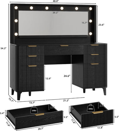 Fluted Makeup Vanity Desk with Large 39.3" Mirror and Lights, 48.8" Wood Vanity, Large Vanity Dressing Table, Modern Wooden Vanity Table for Women and Girls, Bedroom or Dorm (Inky Black)