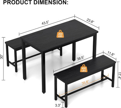 Dining Table Set for 4, Kitchen Table with 2 Benches, 3-Piece Wood Dining Room Furniture Dinette Chairs Sets for Breakfast Nook and Small Space, Black