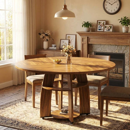 Jojoka 47 Inch Round Dining Table for 4-6 People, Wooden Kitchen Table with Sturdy Pedestal Base, Small Dining Table, Round Table for Dining Room & Living Room, Easy Assembly – Walnut Brown