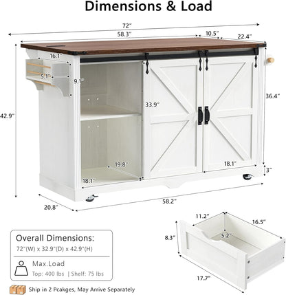 72" Rolling Kitchen Island with Mini Fridge Space & Power Outlet,White | Farmhouse Kitchen Cart Cabinet with Drop Leaf Table, 4 Drawers, Sliding Barn Doors & Wine Glass Holder