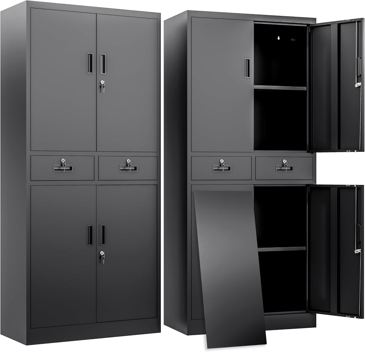 BESFUR Metal Storage Cabinet with 2 Drawers 4 Doors and 2 Adjustable Shelves Garage Storage Cabinet with Lock 71" Office Storage Cabinets Locking Cabinets for Garage Office Shop Home (Black)