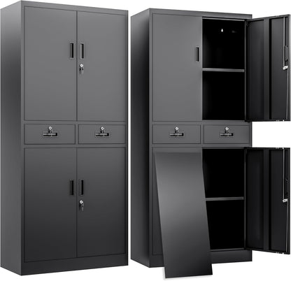 BESFUR Metal Storage Cabinet with 2 Drawers 4 Doors and 2 Adjustable Shelves Garage Storage Cabinet with Lock 71" Office Storage Cabinets Locking Cabinets for Garage Office Shop Home (Black)
