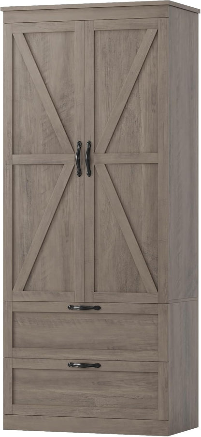 HOSTACK 70" Tall Kitchen Pantry Storage, Barn Doors Pantry Cabinet with Drawers and Adjustable Shelf, Modern Farmhouse Storage Cabinet for Kitchen, Dining Room, Living Room, Bathroom, Ash Grey