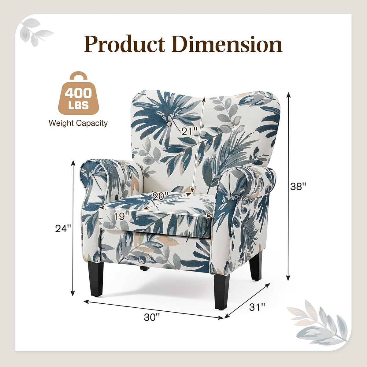 YOLENY Modern Accent Chair,High Back Armchair,Upholstered Fabric Button Single Sofa with Wooden Legs for Living Room,Bedroom,Blue Leaves