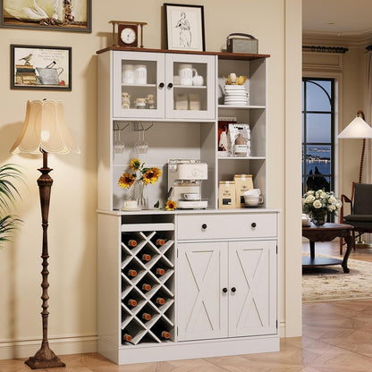 MDF Tall Wine Cabinet with Acrylic Double Doors, 45 Inch Bar Cabinet for Liquor Glasses Storage, Free Standing Home Bar with Display Shelf for Living Room Dining Room Kitchen