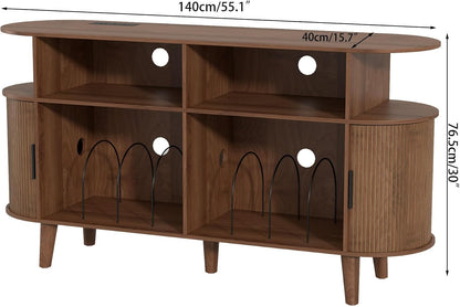 LUVIOHOME Large Round Record Player Stand with Charging Station & USB Ports | Record Storage Cabinet, Mid Century Modern Turntable Stand for Bedroom Living Room