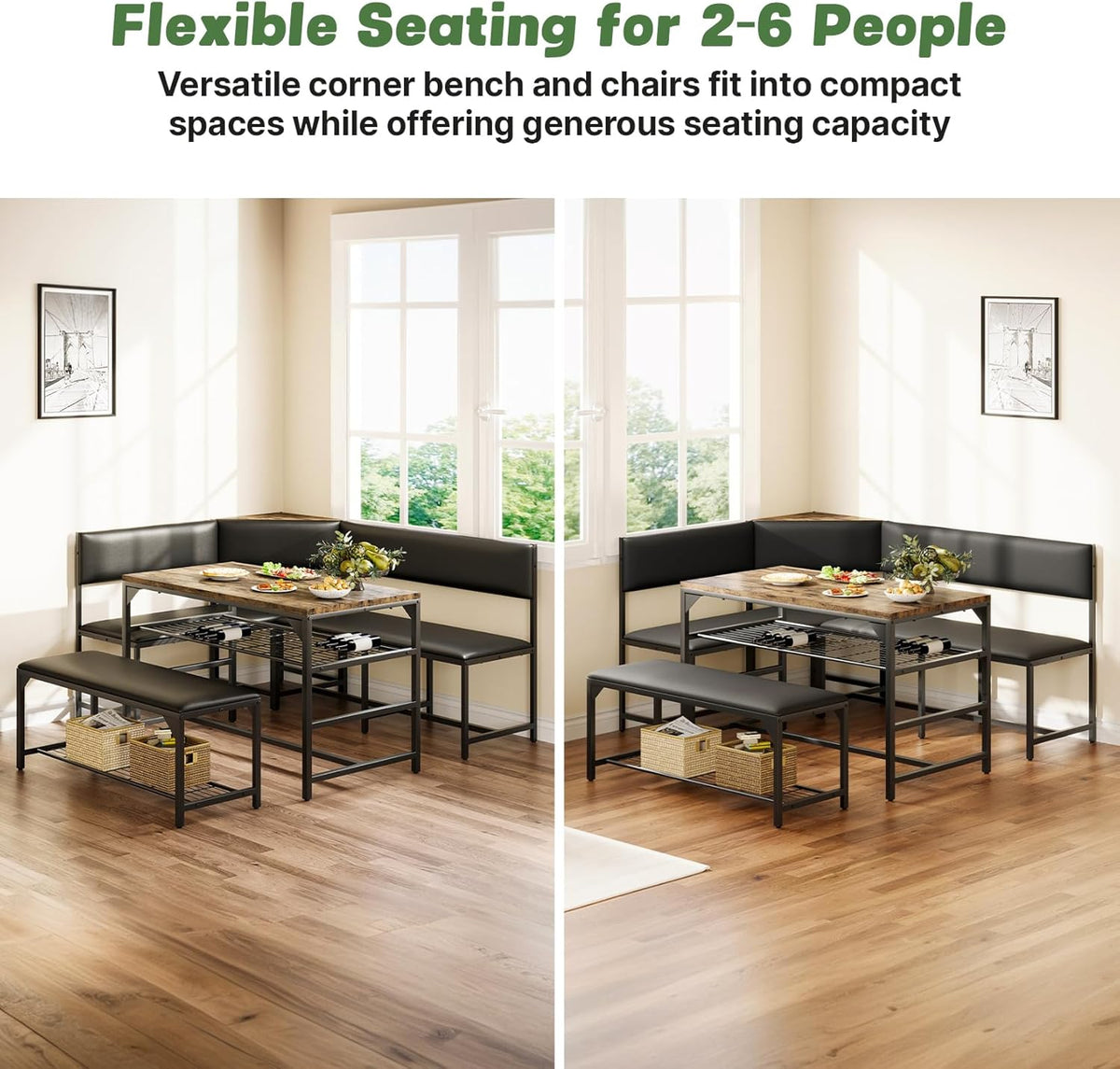 Concho Kitchen Breakfast Nook Table Set with Soft Seat, Corner Dining Table Set for 4-6 People, Dining Room Sets for 4, Space Saving Kitchen Booth Seating with Table for Small Space, Coffee Brown