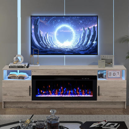 Kucreiheat Electric Fireplace TV Stand with Led Lights-42 Fireplace Entertainment Center for Up to 90 inch TV-Modern TV Console for Living Room with Storage Cabinet, Oak Grey