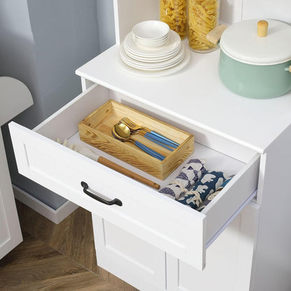 63.5in Timeless Classic 4-Door White Freestanding Buffet Cabinet with Hutch Adjustable Shelves & Coffee Bar Modern Design