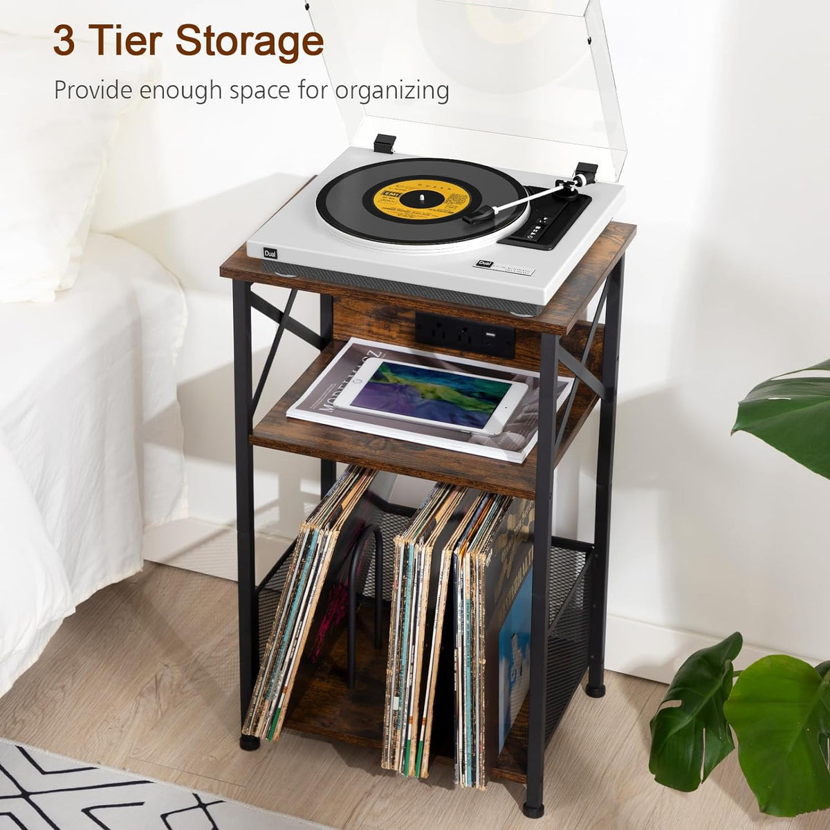 AMHANCIBLE Record Player Stand with Charging Station, Turntable Stand with Storage Cabinet, 3 Tier End Table Hold Up to 100 Albums, Record Table for Vinyl, Living Room, Rustic Brown, HETCD01BR-1