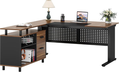 Tribesigns 63 Inch Executive Desk with Filing Cabinet, L Shaped Office Desk | Large Office Desk with File Drawer, L Shaped Desk with Storage, Computer Desk for Home Office, Easy Assembly, Brown and Black