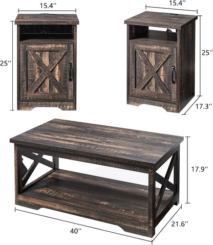 AMERLIFE 3 Piece Farmhouse Living Room Coffee Table Set, Dark Oak | Coffee Table & 2 End Tables with Charging Station and USB Ports, Farmhouse Style, Barn Door Design, Living Room Furniture