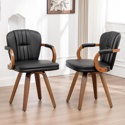 Swivel Dining Chairs Set of 4 Mid Century Modern Black Faux Leather Upholstered Kitchen Chairs with Bentwood Frame Armrests Side Chairs,Comfortable Ergonomic Wood Accent Chair No Wheels