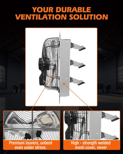 JVO 12 Inch Shutter Exhaust Fan 1450 CFM High-Powered Ventilation, Ideal for Attics, Greenhouses, Garages and Chicken Coops - Wall Mount for Easy Installation (12 inch Fan Wtih Power Cord)