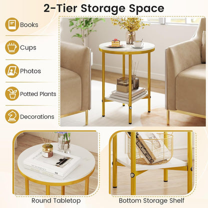 Giantex Round Side Table Set of 2, 2-Tier Faux Marble Bedside Night Stand w/Metal Frame & Open Storage Shelf, Gold Accent Style, Tall Coffee Sofa End Table for Living Room Bedroom Small Spaces