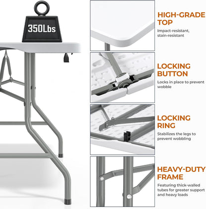 SKONYON 6ft Folding Table Heavy Duty 350 LBS Foldable Table with 18% Thicker HDPE Top Reinforced Steel Frame Portable Fold-in-Half Table Under 22 lbs for Outdoor Indoor Party Wedding Camping White