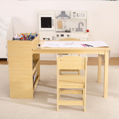 Kids Art Table with 2 Chairs, Toddler Craft Play Wood Activity Desk with 3-tier Storage Shelves for Writing Drawing, Children's Wooden Furniture Table and Chairs Set for Playrooms & Classroom