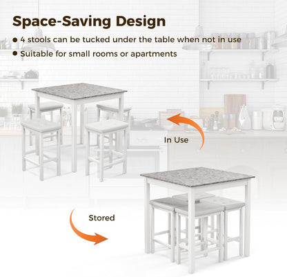 Tangkula 5-Piece Counter-Height Bar Table Set, Faux Marble Square Table & 4 PVC Leather Bar Stools w/Rubber Wood Legs, Modern Dining Set for Kitchen, Breakfast Nook & Small Spaces (White)