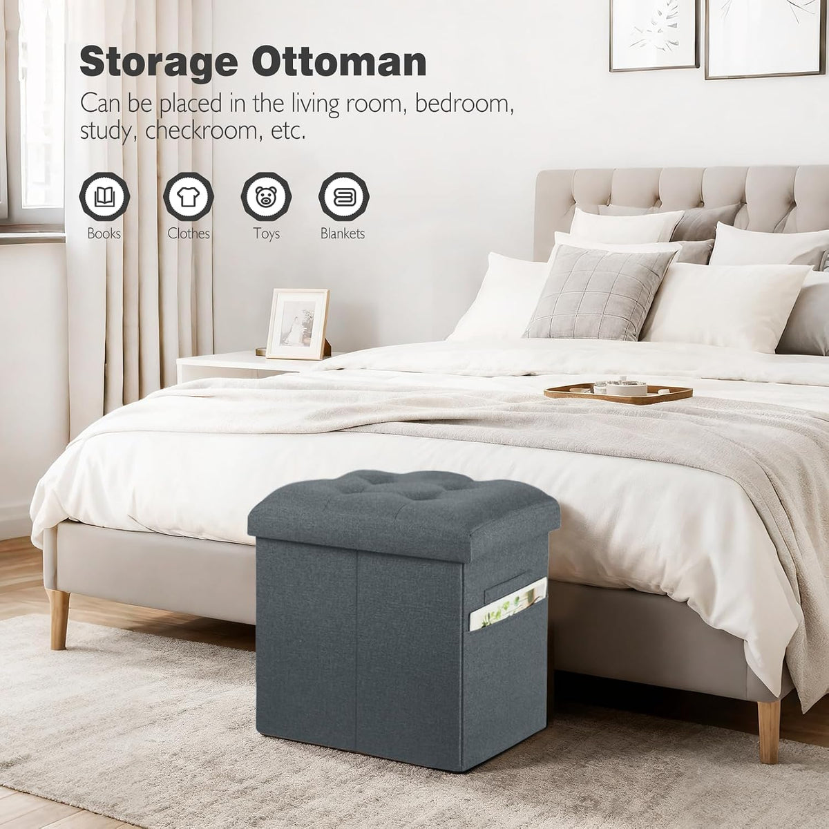 Storage Ottoman, Foot Rest Stool with Thicker Foam Padded Seat. 61L Slim Tall Foldable Linen Footstool Storage Bench Small Ottoman for Living Room, Bedroom. 350lbs Load Capacity, 17x13x17in, Dark Gray